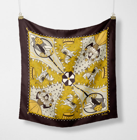 Eco silk twill pocket square with original Night Circus print by Su Owen; features Pierrot juggler, aerialist, horses, moons, and stars. Golden yellow, ivory, and dark chocolate colours. Made from 100% recycled polyester.