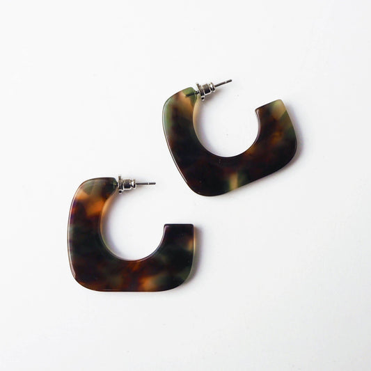 Foret Square Statement Acetate Hoop Earrings in forest green and brown