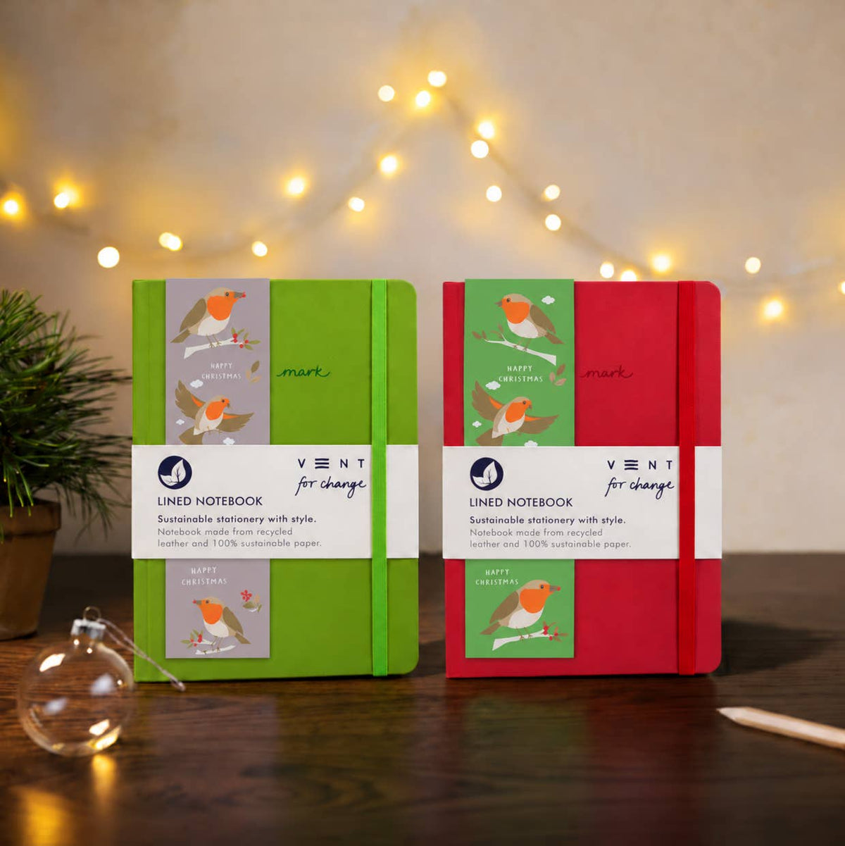 Red A5 recycled leather notebook with green Christmas robin page marker