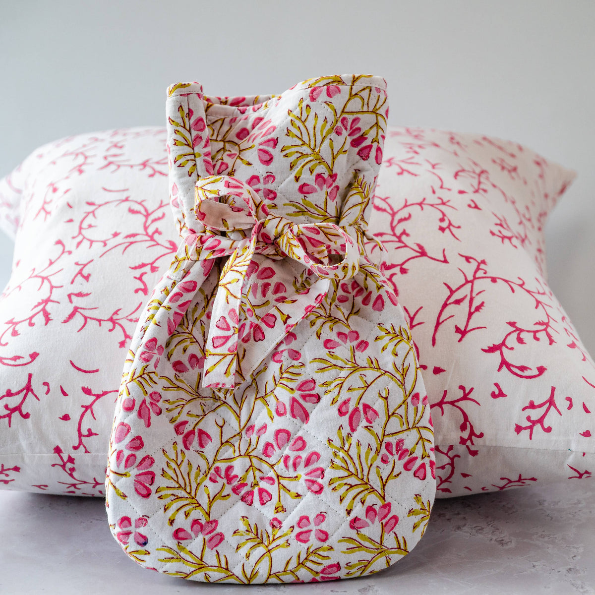 Trailing Pink Flower hand block-printed cotton hot water bottle