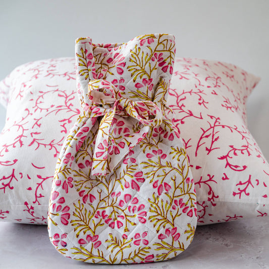 Trailing Pink Flower hand block-printed cotton hot water bottle