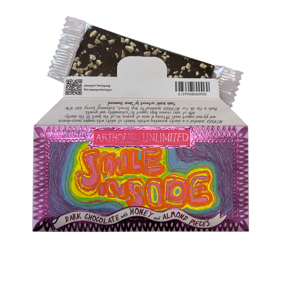 Joy Sized dark chocolate bar showing the back of the recyclable paper envelope packaging