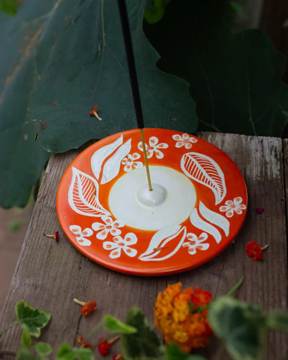 Kenyan Soapstone Round Incense Holder 'Orange Floral'. Ethically made in Kenya.