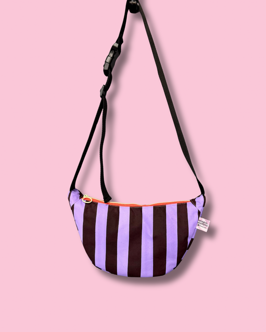 Purple and burgundy striped waxed canvas sling bag
