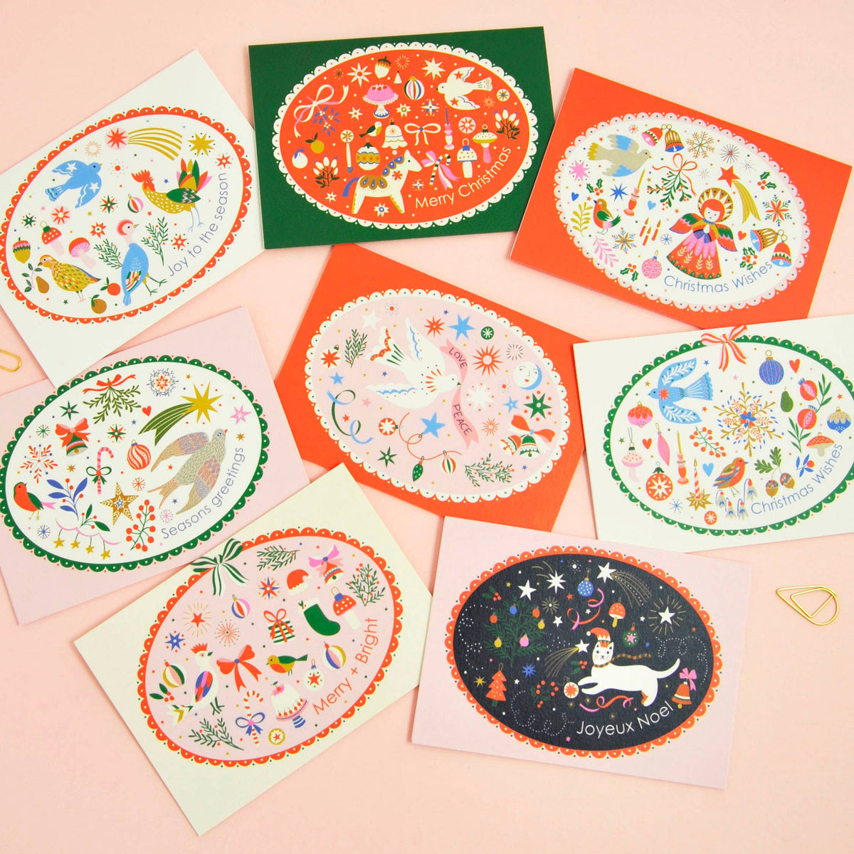 Illustrated festive Christmas notecard set with colourful woodland animal designs