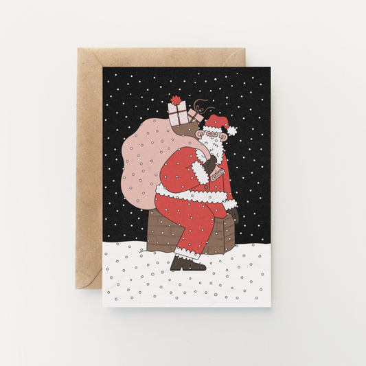 Santa Chimney Christmas Card by Holly Fuller, certified plastic-free 300gsm card with kraft envelope, A6 size, UK designed eco-friendly festive greeting.
