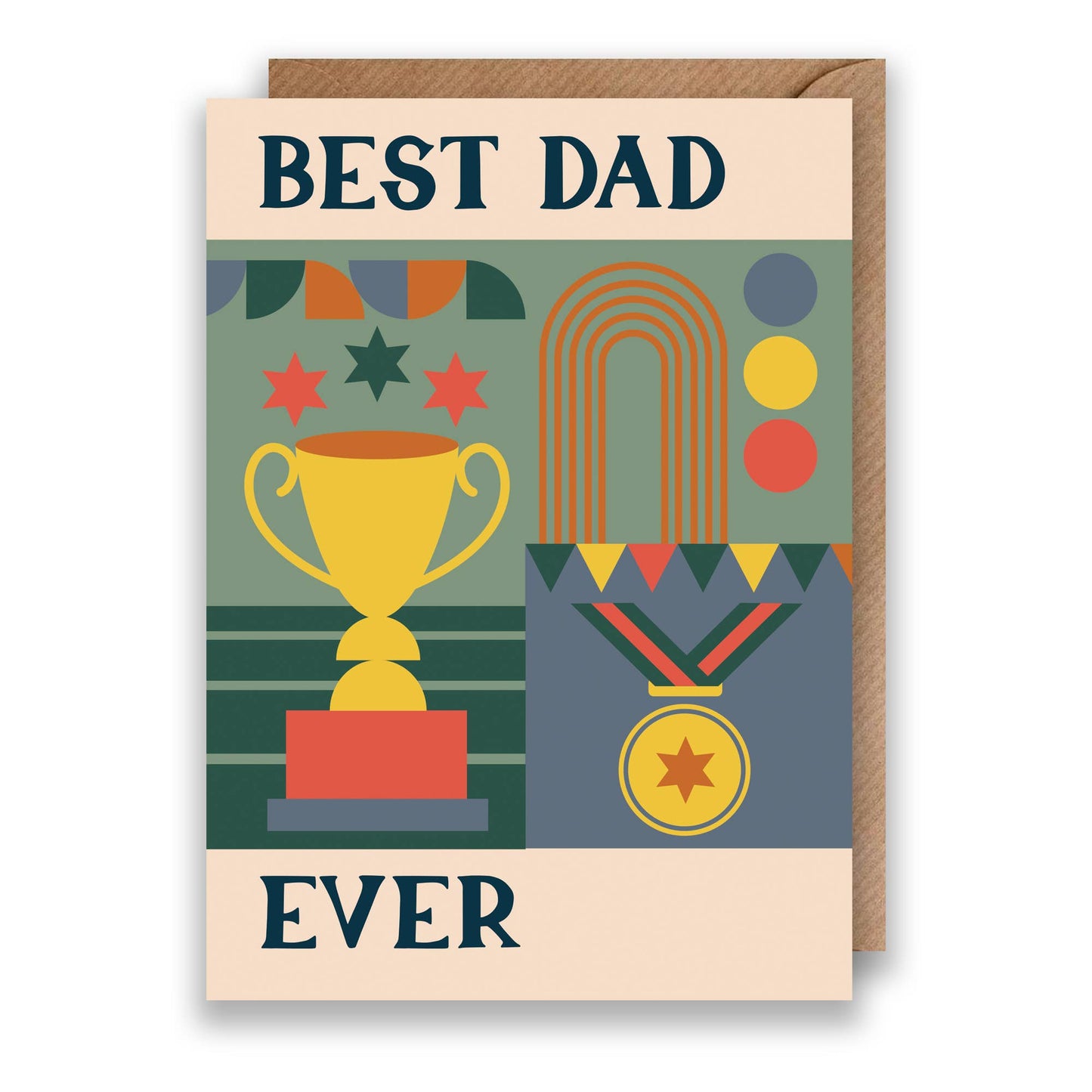 Hand drawn lettering reads 'Best dad ever'. Illustrated greeting card with Bauhaus style design printed onto premium matt card with a ribbed brown envelope.