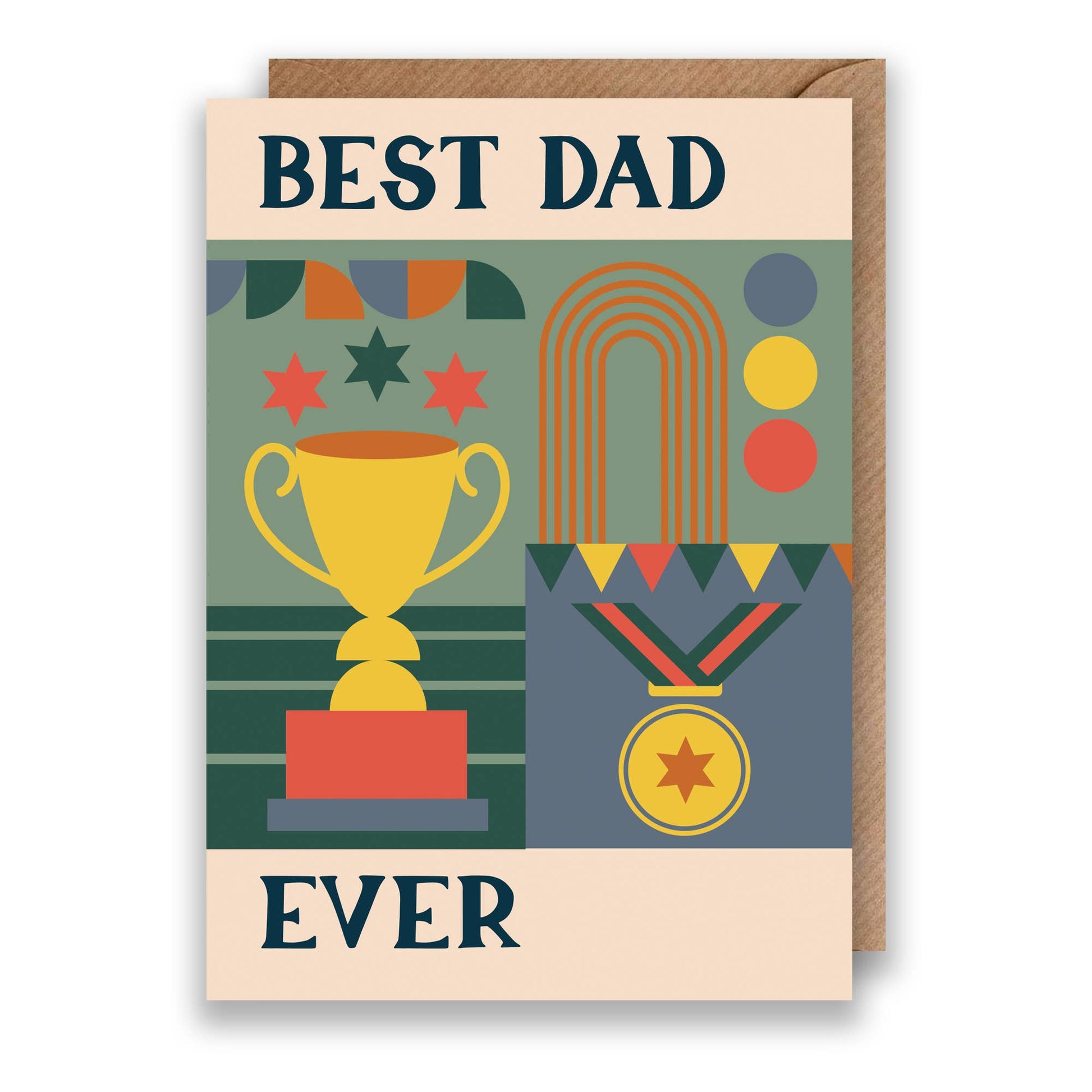Hand drawn lettering reads 'Best dad ever'. Illustrated greeting card with Bauhaus style design printed onto premium matt card with a ribbed brown envelope.