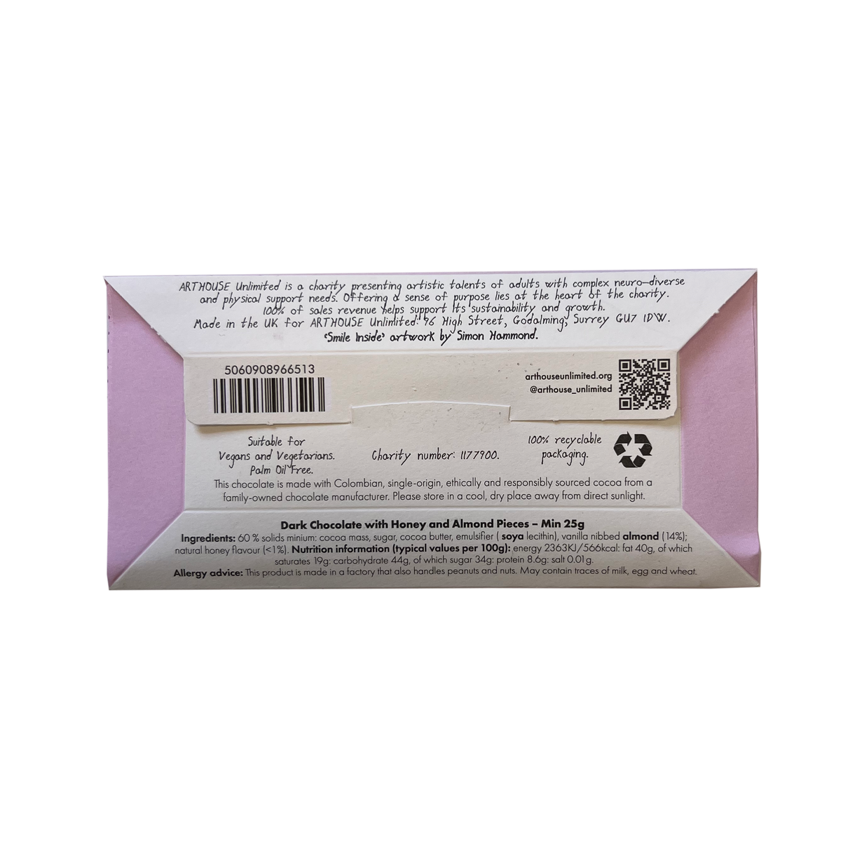 Pocket-sized 25g Smile Inside dark chocolate bar with purple foiled frame detail
