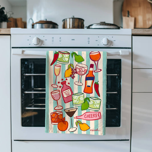 Vibrant cocktail themed tea towel made from 100% cotton, featuring colourful hand-drawn drink illustrations, perfect for kitchen decor or as a unique gift for mixologists.