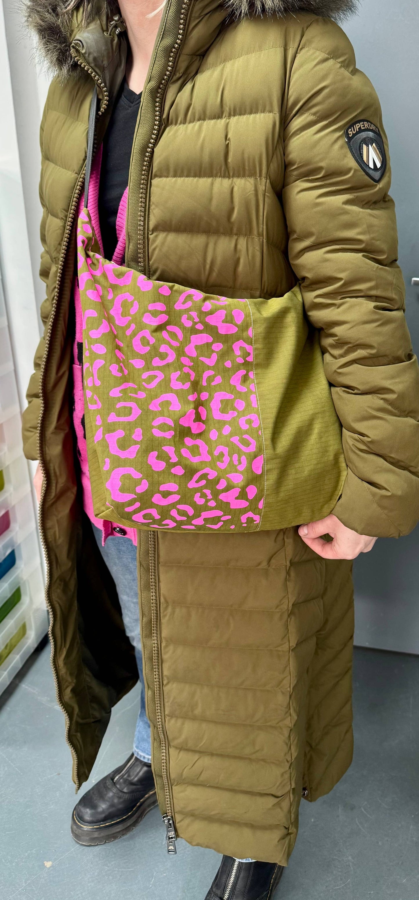 Close-up of Yolla Studio Leopard Print fabric texture and handprinted detail.