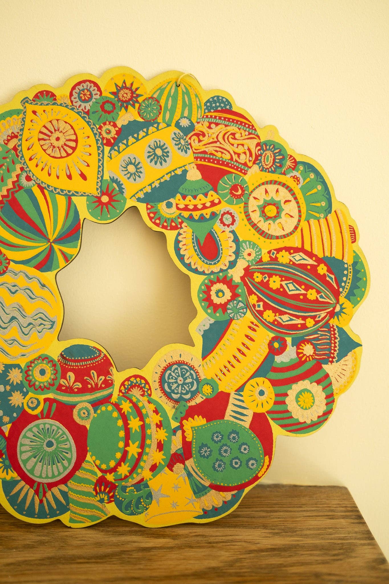 Hand-printed Colourful Bauble Cotton Board Wreath by East End Press with hanging loop, sustainable ornament