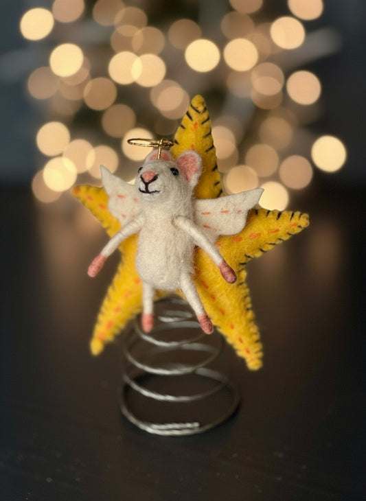 Handmade felt mouse angel tree topper with golden star, ethical Christmas decoration