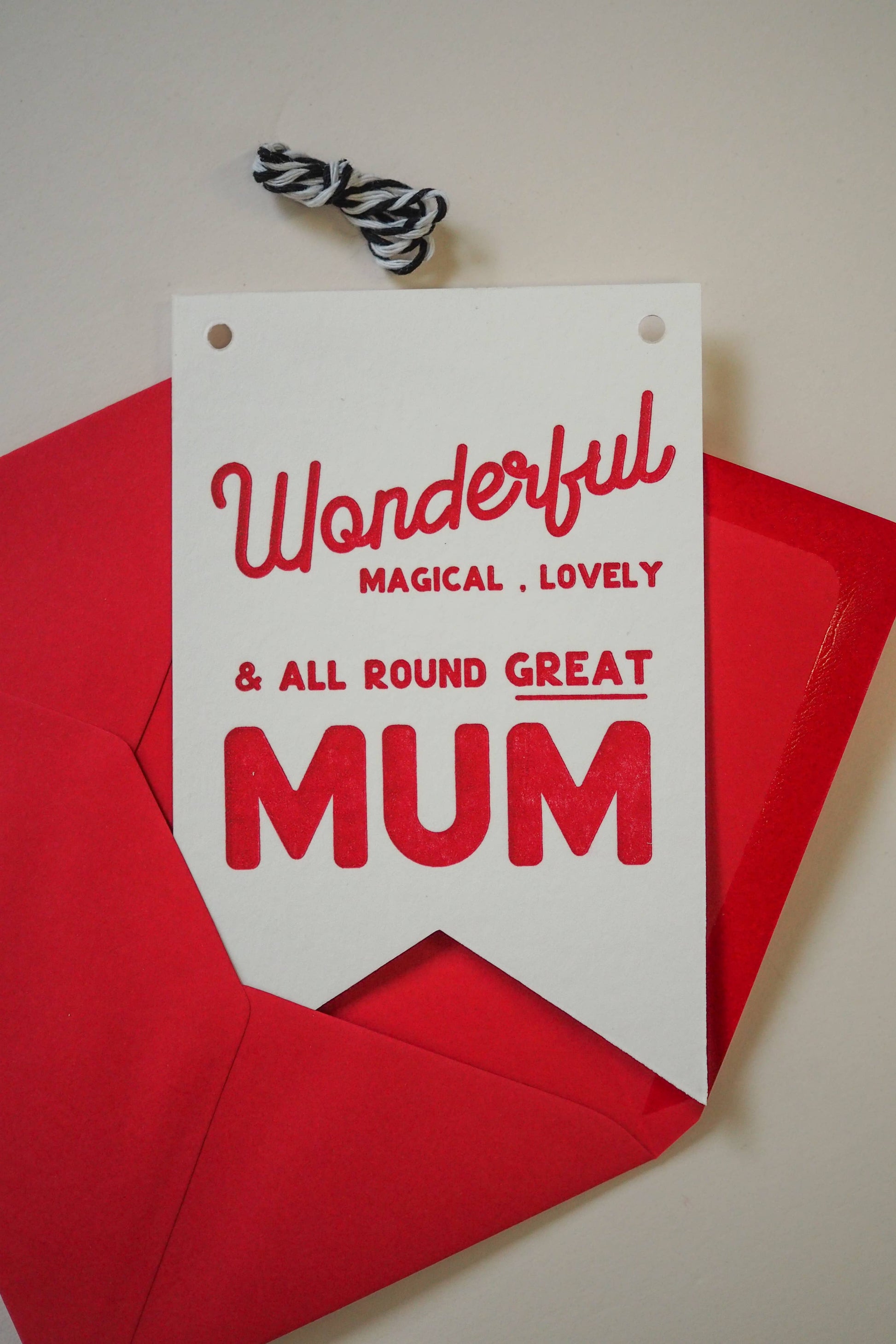 Hanging flag card with twine and envelope