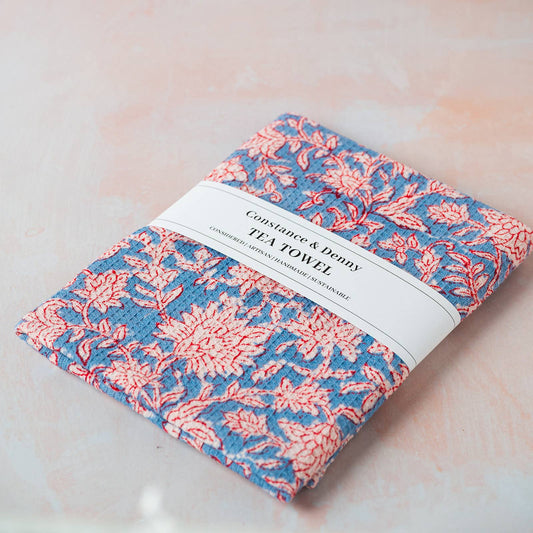 Botanica Sky Hand Block Printed Waffle Cotton Tea Towel