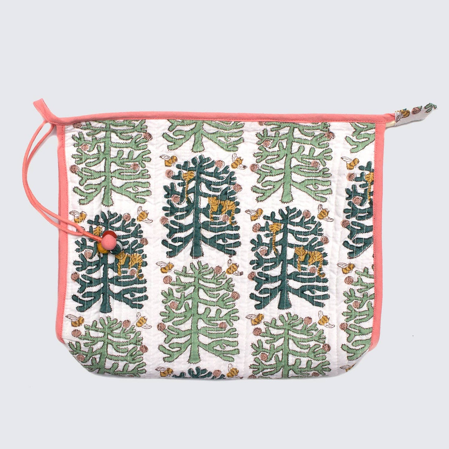 Indian block printed cotton pouch in Monkey Puzzle design, handmade in Jaipur using natural dyes and traditional techniques. Available in medium and large sizes.