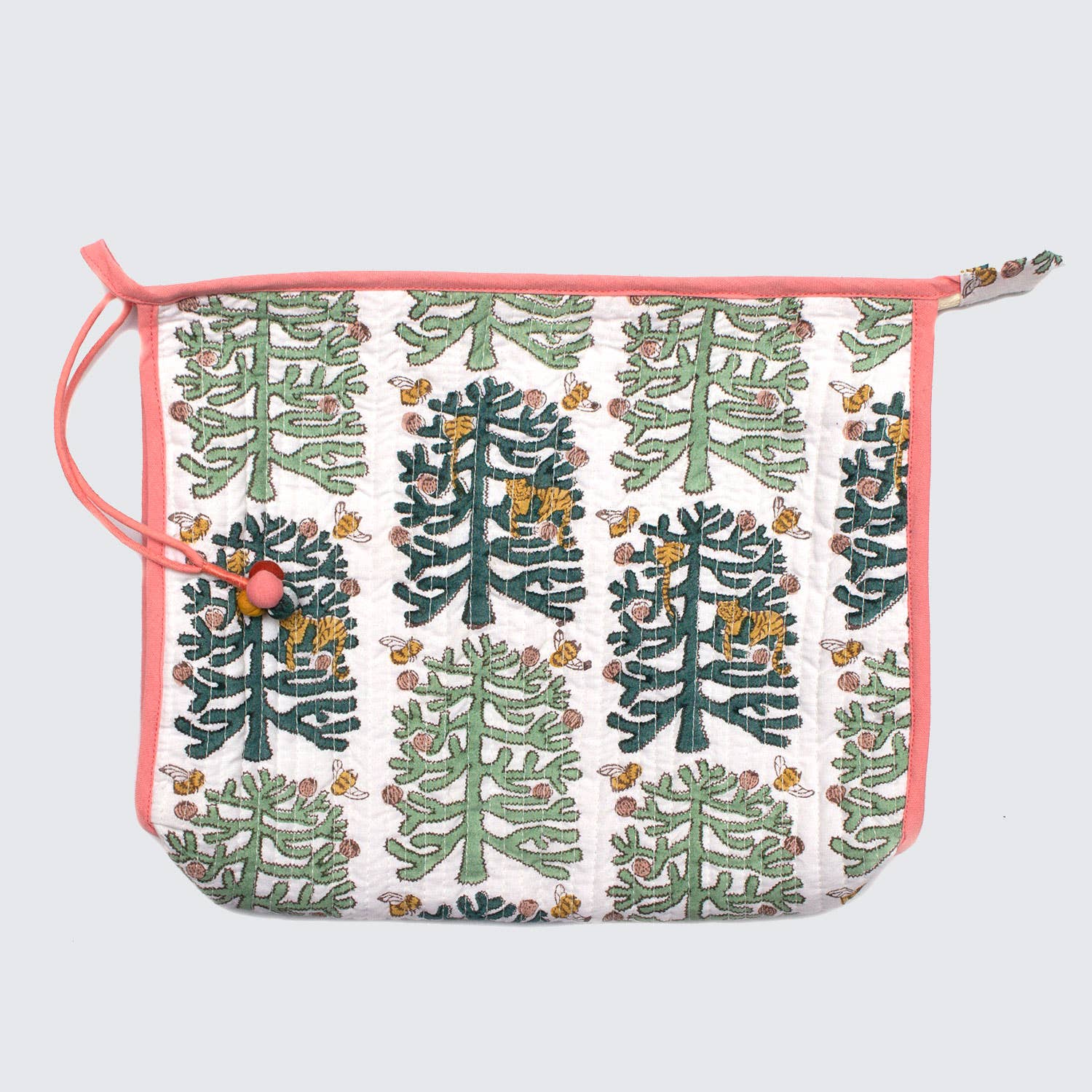 Indian block printed cotton pouch in Monkey Puzzle design, handmade in Jaipur using natural dyes and traditional techniques. Available in medium and large sizes.