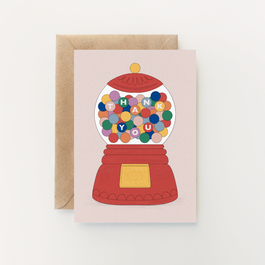 Thank You Greetings Card by Holly Fuller, bubble gum machine illustration, sustainably sourced 300gsm plastic-free card with kraft envelope, eco-friendly UK greeting card