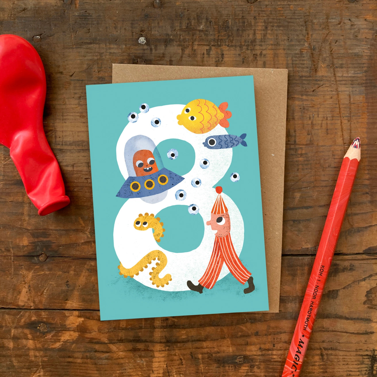 Card with number 8 design featuring underwater characters.