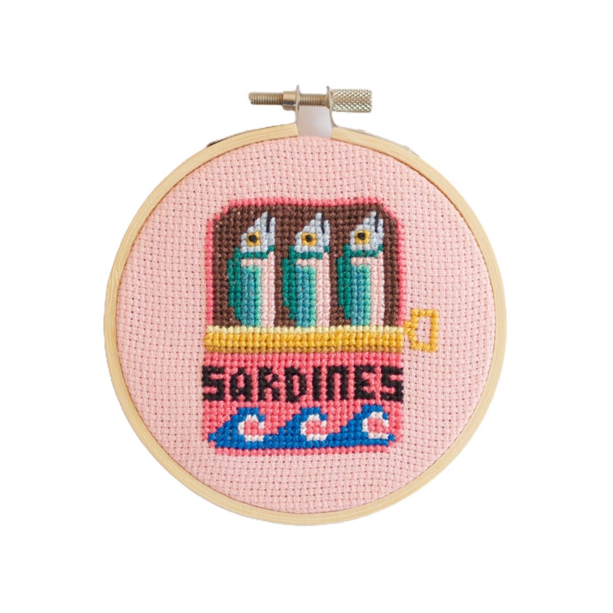 Sardines Cross Stitch Kit for beginners, featuring a 4-inch wooden hoop, coloured Aida fabric, embroidery thread, and eco-conscious packaging. Made in UK.