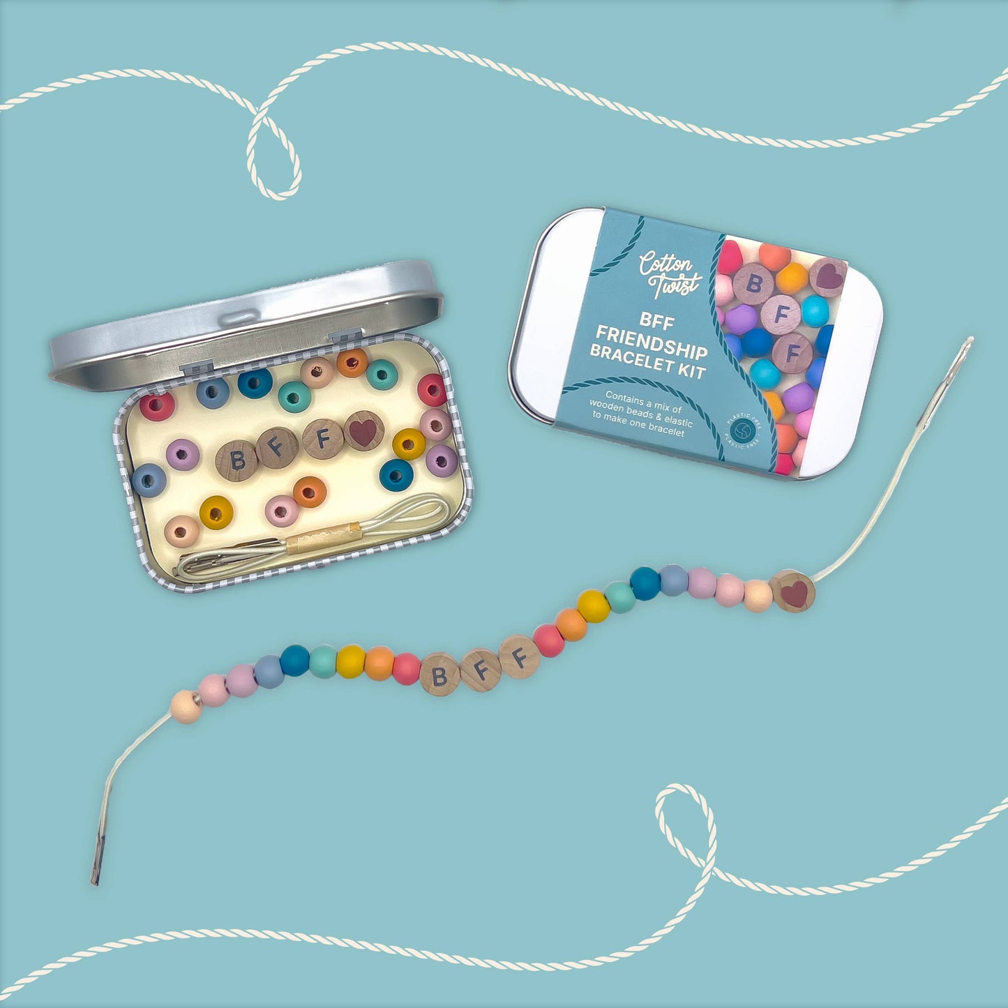 Eco-conscious friendship bracelet gift kit promoting fine motor skills for kids age 3+.