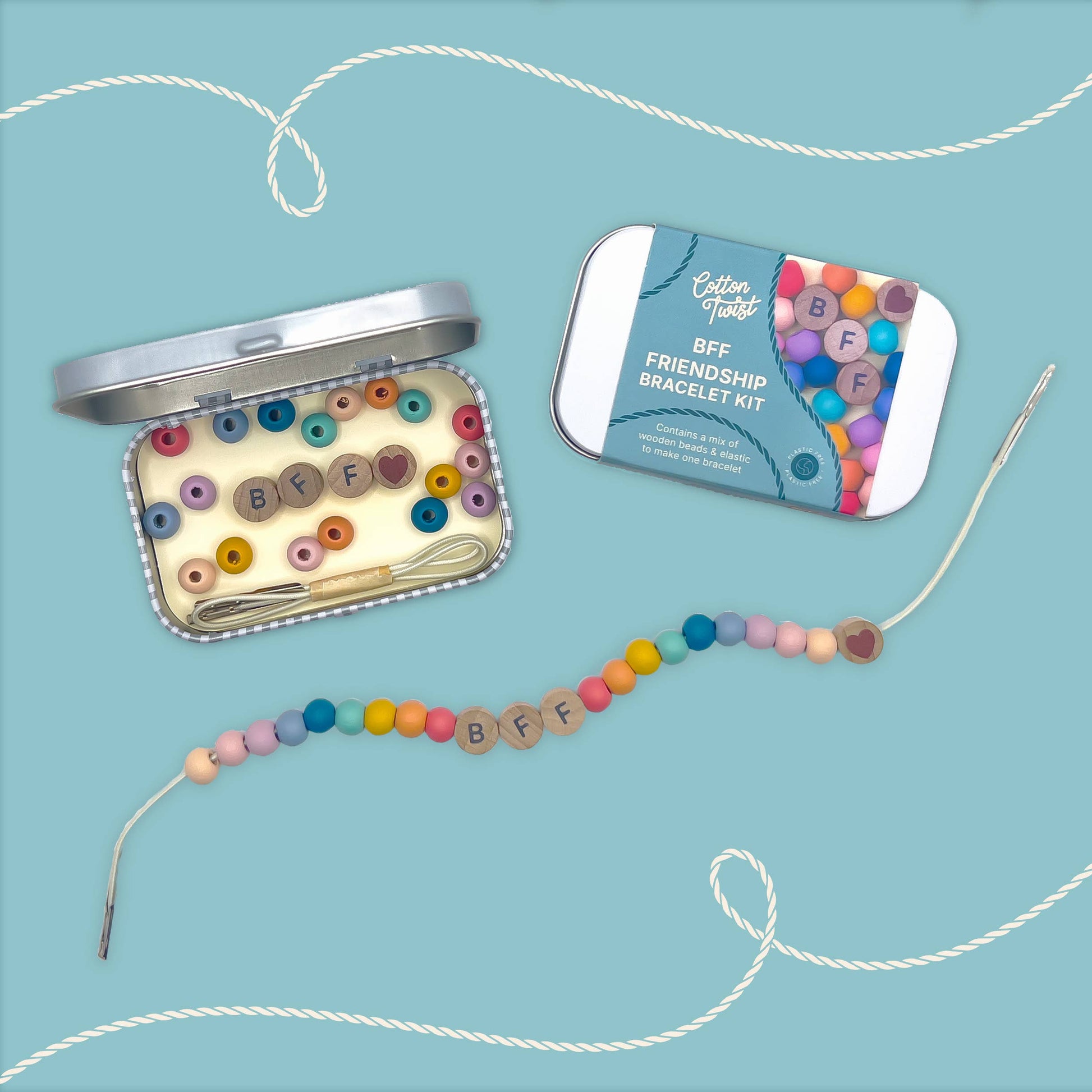 Eco-conscious friendship bracelet gift kit promoting fine motor skills for kids age 3+.