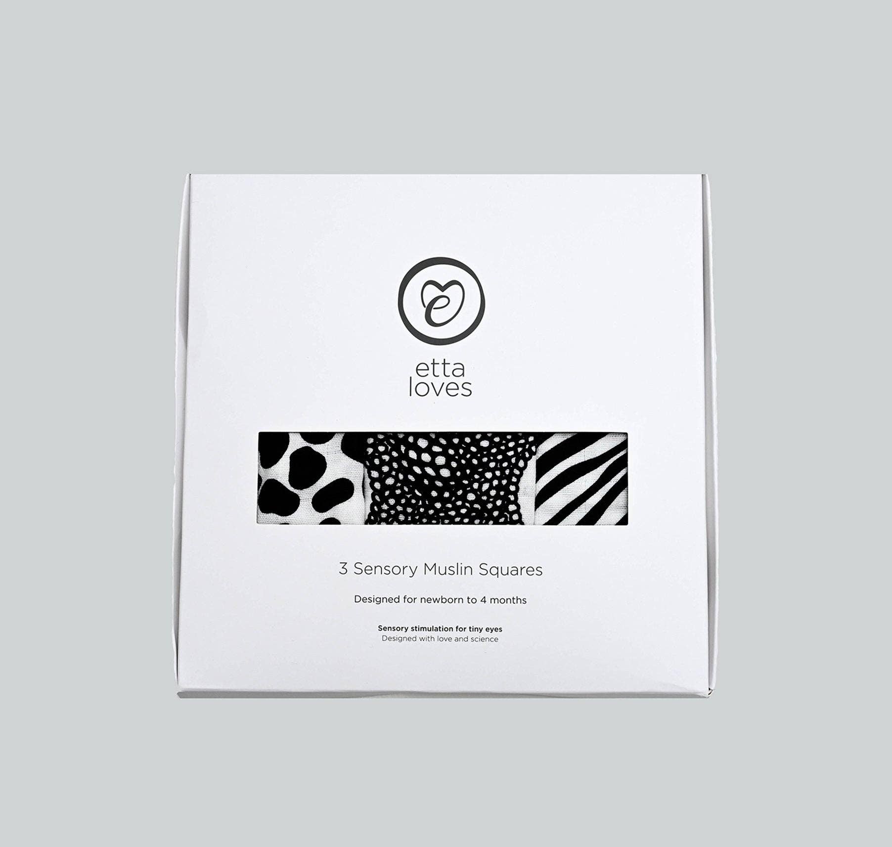 Set of three black and white sensory muslins by Etta Loves featuring zebra, starfish, and dalmatian patterns, made from GOTS-certified organic cotton, 60cm square each.