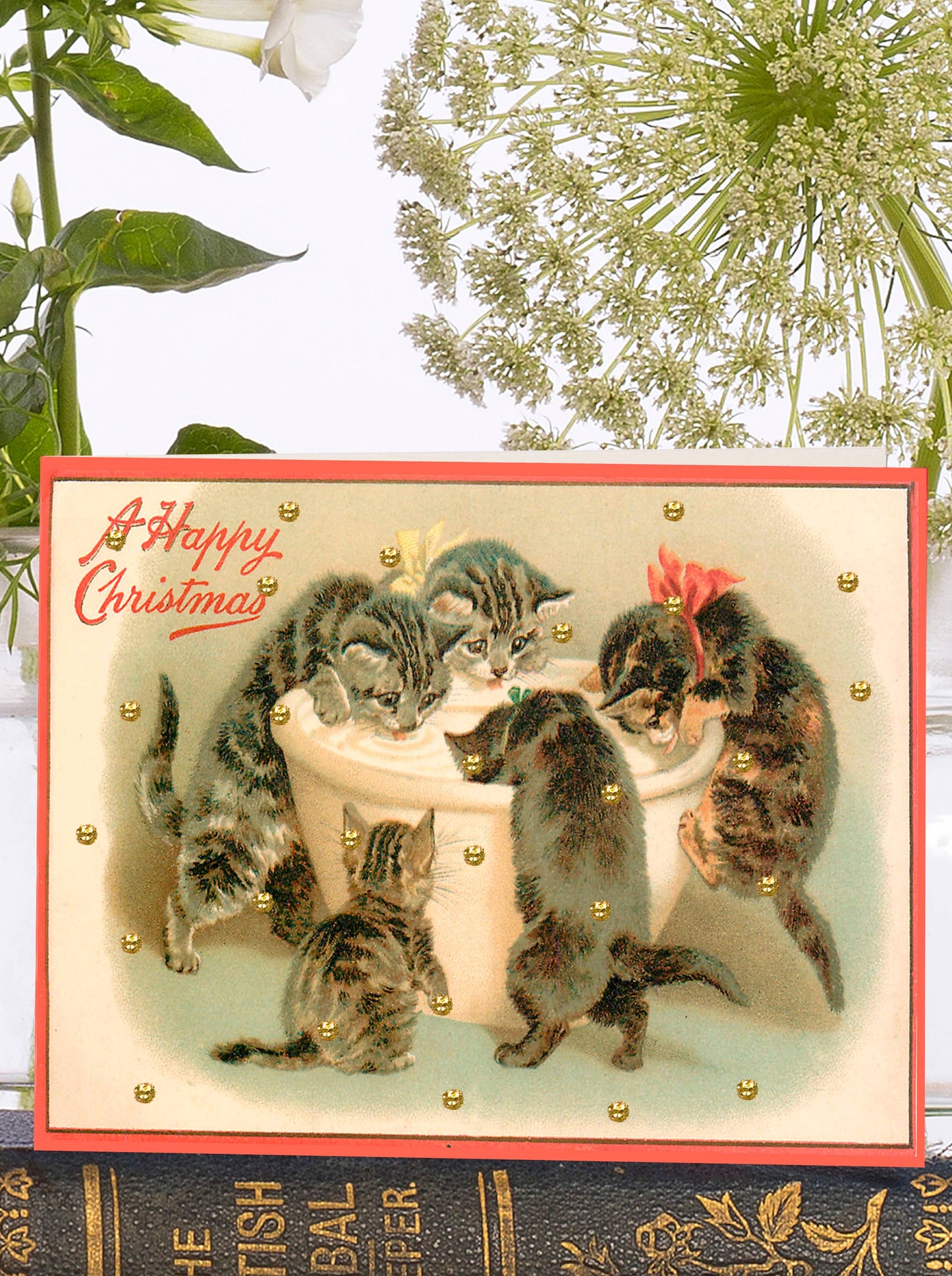 Little Vintage Christmas Card with Hand Applied Glitter by Madame Treacle, sustainably sourced card, ivory envelope, biodegradable sleeve, made in England
