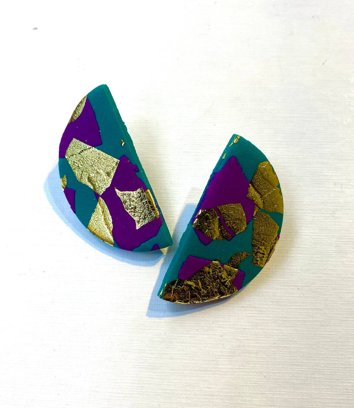 Heather purple and green polymer clay half moon stud earrings