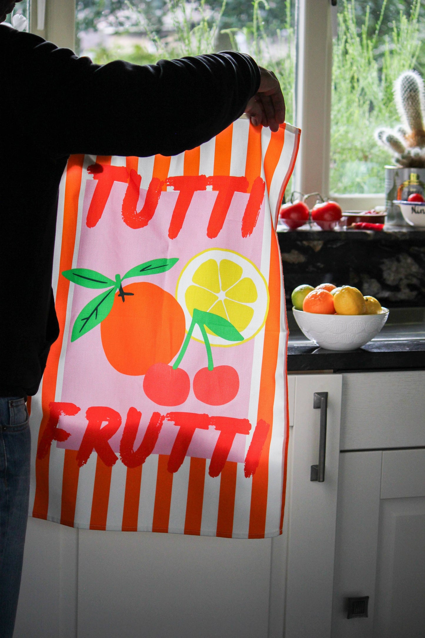 Striped tutti frutti kitchen decor tea towel