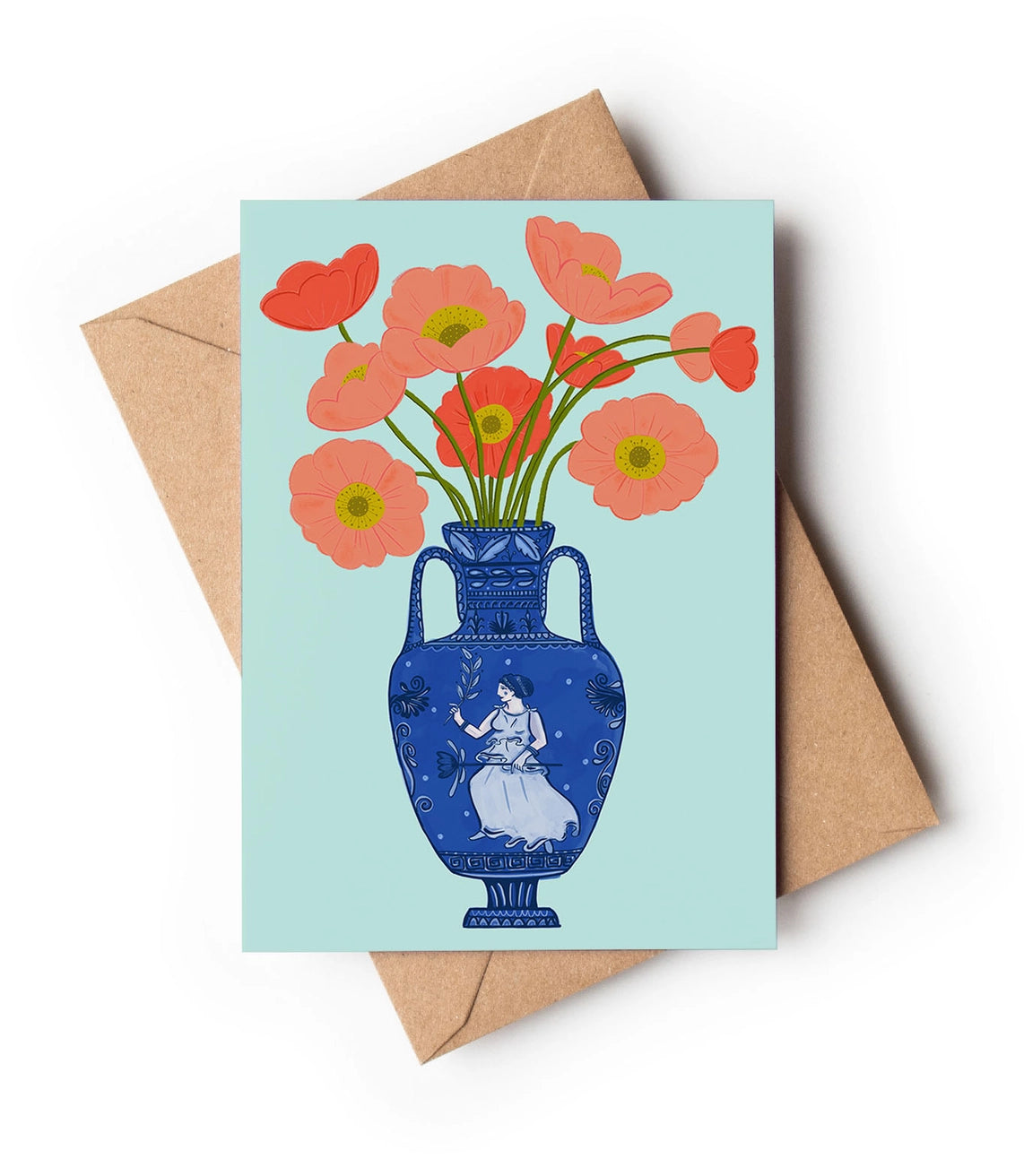 Pink poppies in a Greek inspired vase are featured on this card. From an original illustration greeting card by Su Owen.