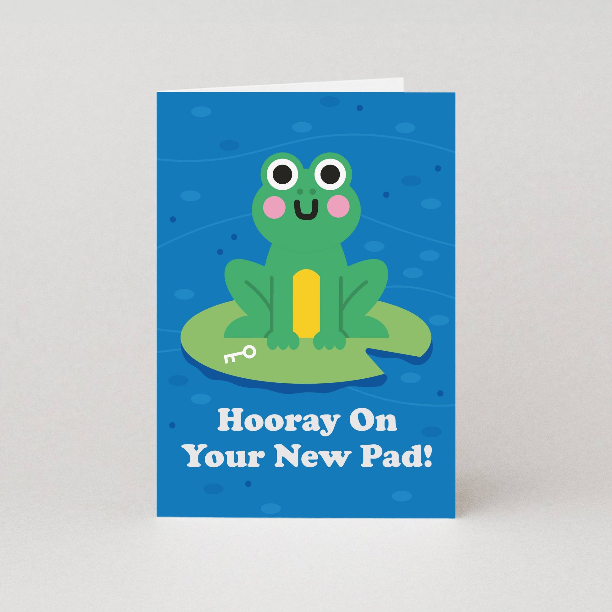A cute frog-themed new home card with the text Hooray On Your New Pad