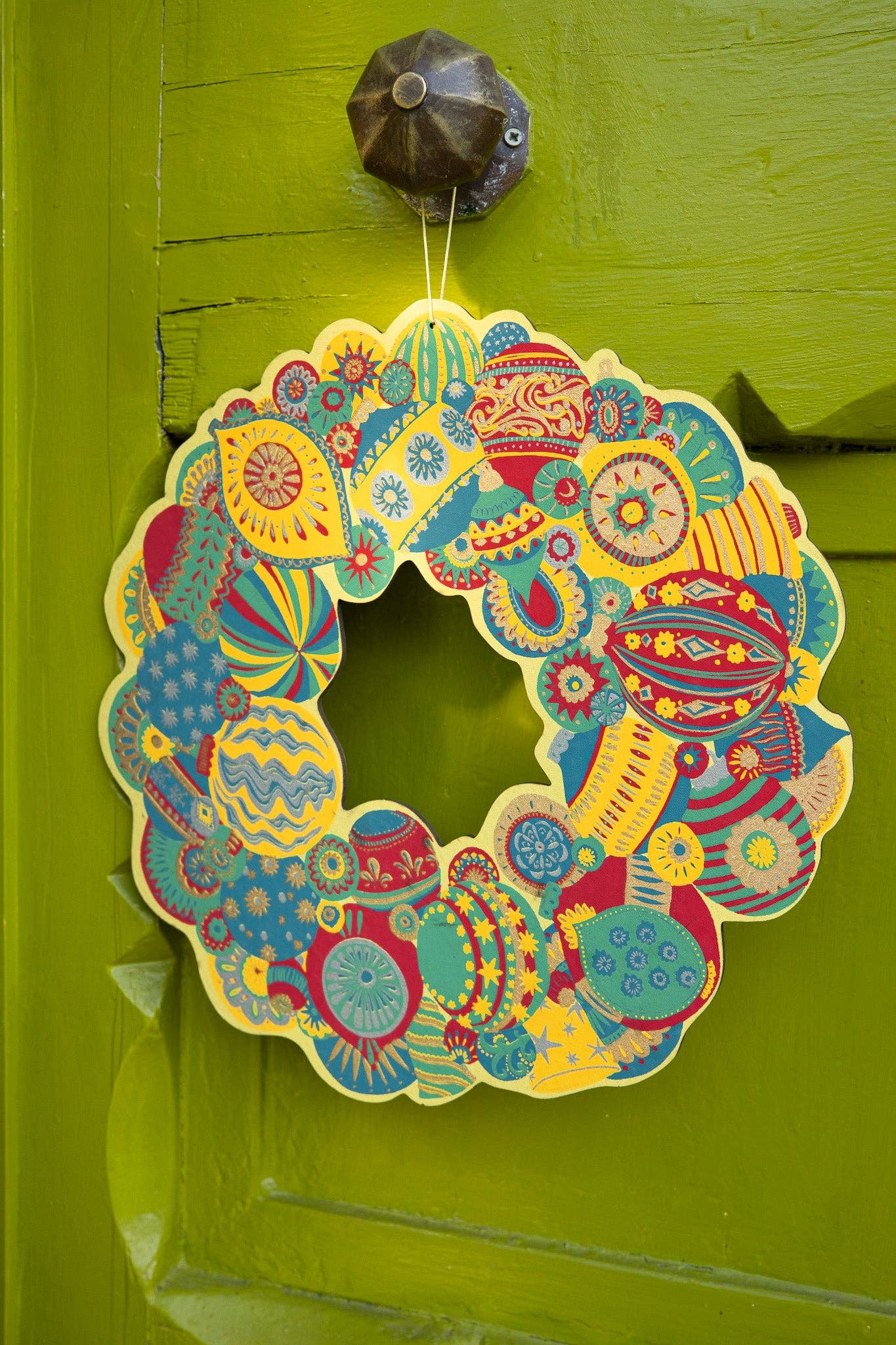 Hand-printed Colourful Bauble Cotton Board Wreath by East End Press with hanging loop, sustainable ornament