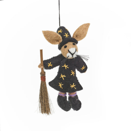 Handmade felt Halloween hare decoration wearing witch costume, star-embroidered dress, sustainable and eco-friendly artisan product