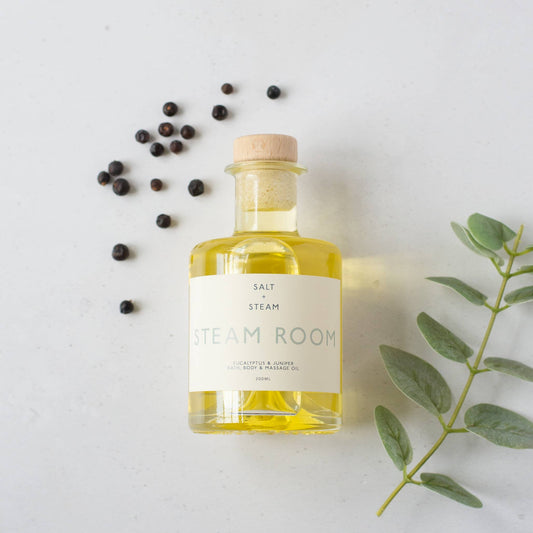 Steam Room eucalyptus juniper oil used for massage, bath, and daily skin hydration.