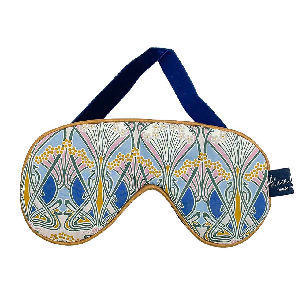 Liberty Eye Mask Ianthe Nouveau with navy velvet lining, stretch strap, and bronze satin piping by Alice Caroline