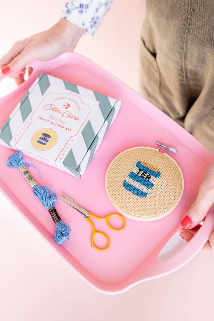 Tea Cross Stitch Kit Contents | Wooden Hoop, Aida Fabric, Thread