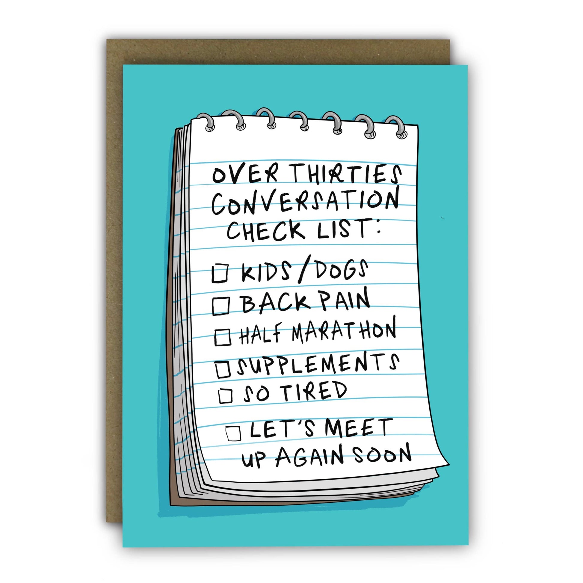 Funny “Over 30s Conversation Checklist” birthday card—A6, lightly textured premium card, UK made, with recycled kraft envelope.