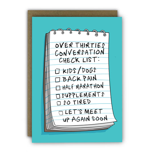 Funny “Over 30s Conversation Checklist” birthday card—A6, lightly textured premium card, UK made, with recycled kraft envelope.
