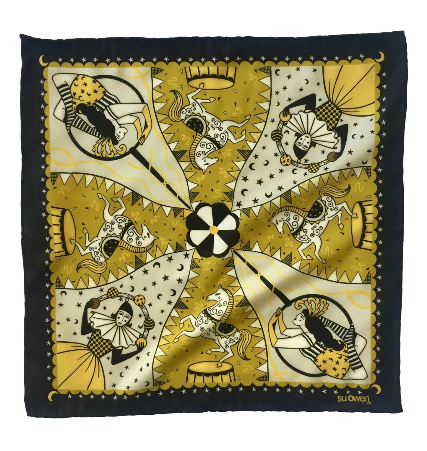 Eco silk twill pocket square with original Night Circus print by Su Owen; features Pierrot juggler, aerialist, horses, moons, and stars. Golden yellow, ivory, and dark chocolate colours. Made from 100% recycled polyester.