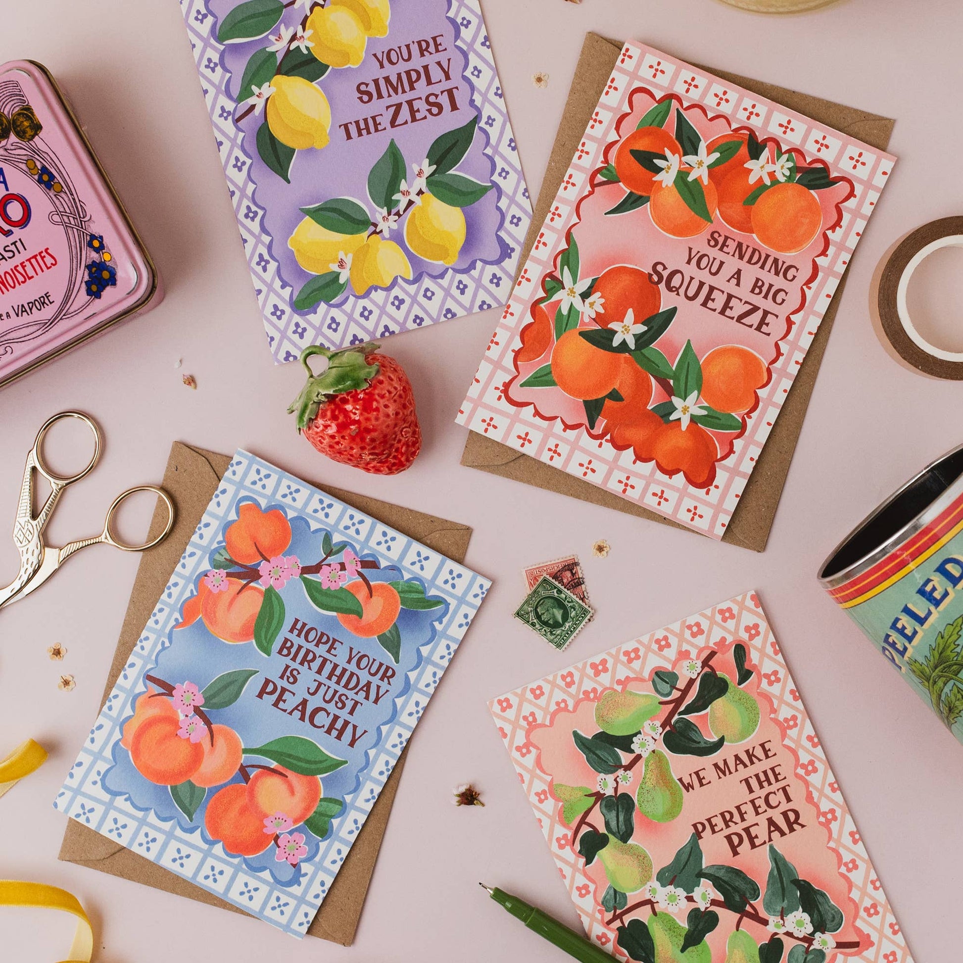 Set of 'Perfect Pear' anniversary cards with elegant Italian design