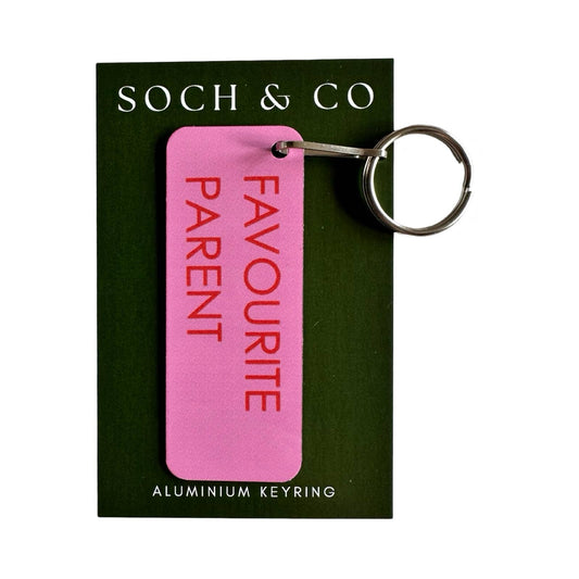 Soch &amp; Co's metal keyrings are the perfect gift for Mother's Day or Father's Day. Brushed steel reverse and a pink front and red printed front with a silver keyring for easy use and display. Presented on a printed coloured mini card. 