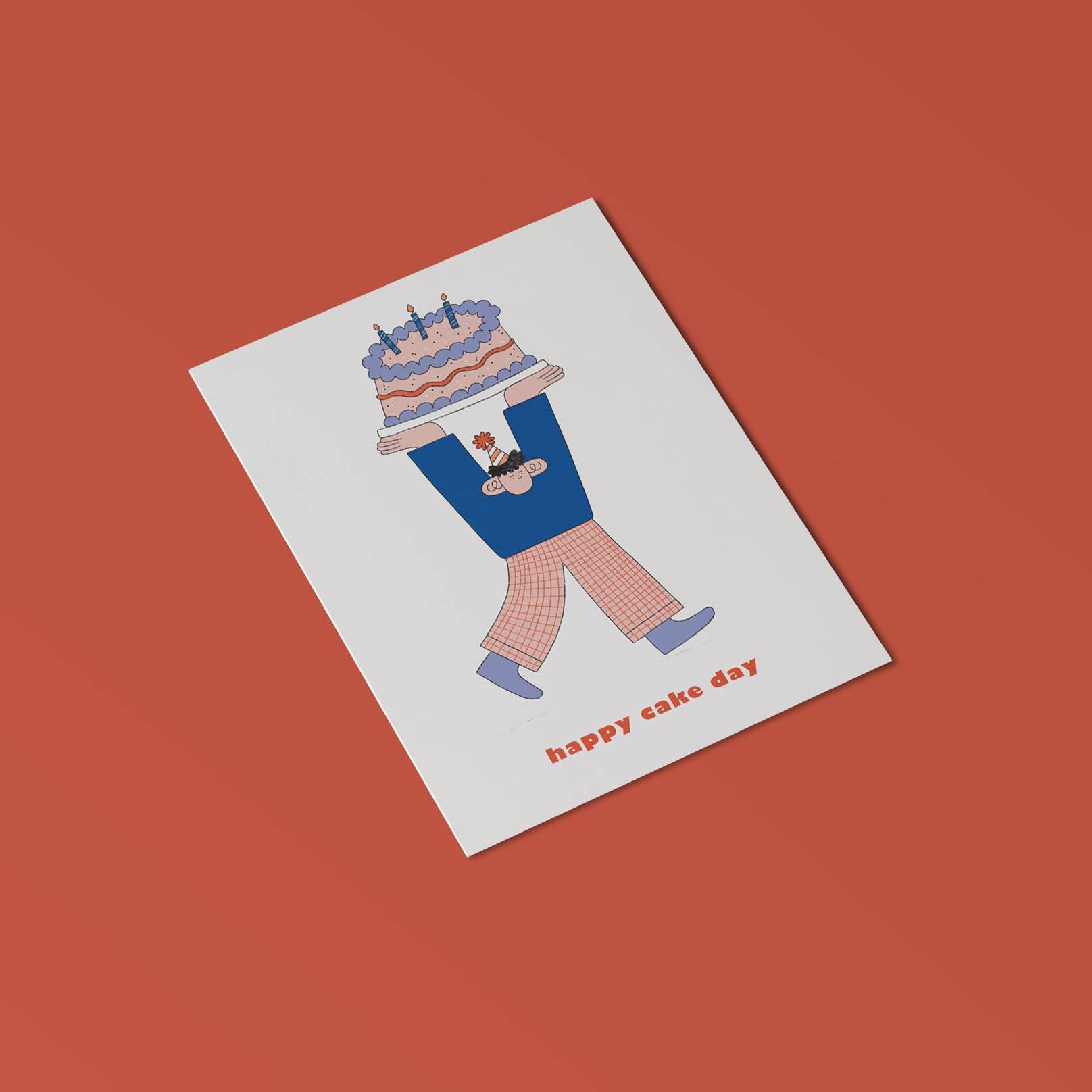 Happy Cake Day Card by Holly Fuller, colourful birthday illustration on sustainably sourced plastic-free 300gsm card with kraft envelope, UK made eco-friendly greeting card