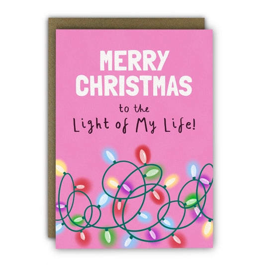 Funny Christmas card featuring a tangled Christmas tree lights design with the text Light of My Life