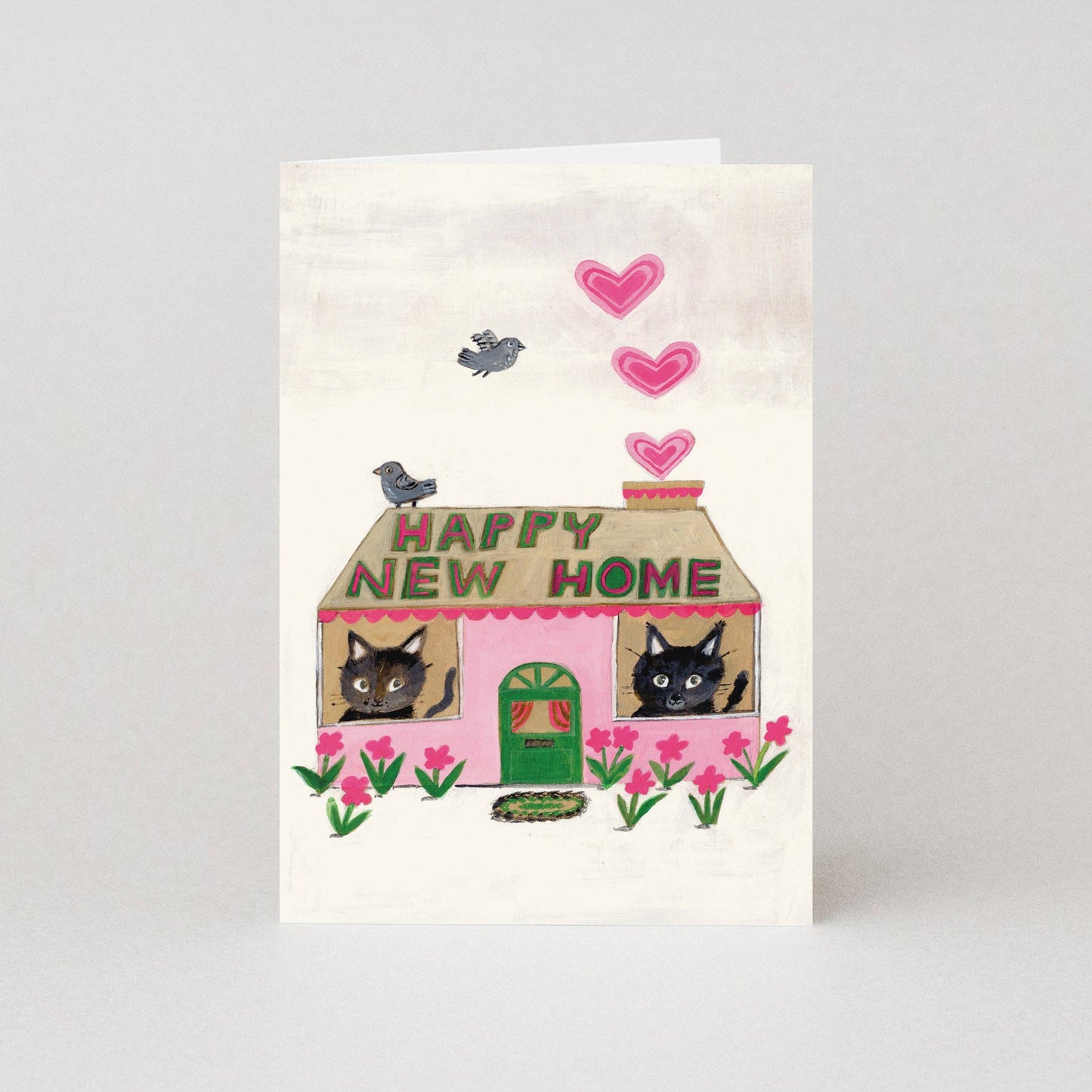 Cottage Cats New Home Card featuring a pink cottage and black cats