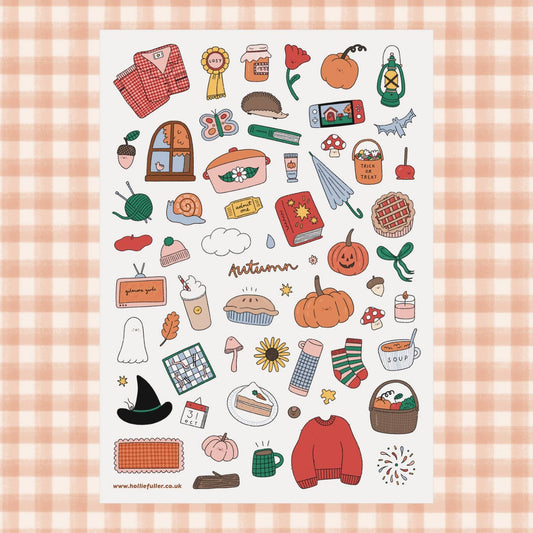 Autumn Sticker Sheet by Holly Fuller – 60+ waterproof vinyl stickers on A5 sheet, UK designed seasonal artwork perfect for scrapbooking, journaling, and eco-friendly crafts.