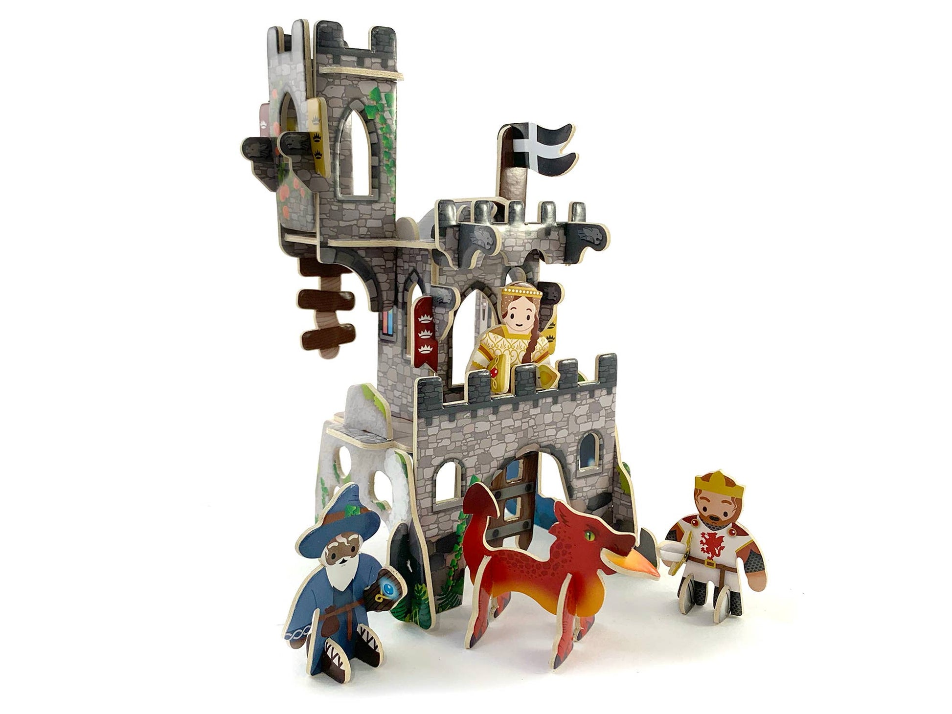 Sustainably sourced playboard toy castle parts close-up