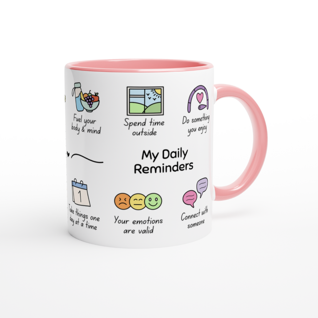 My Daily Reminders Ceramic Mug with pink handle and rim