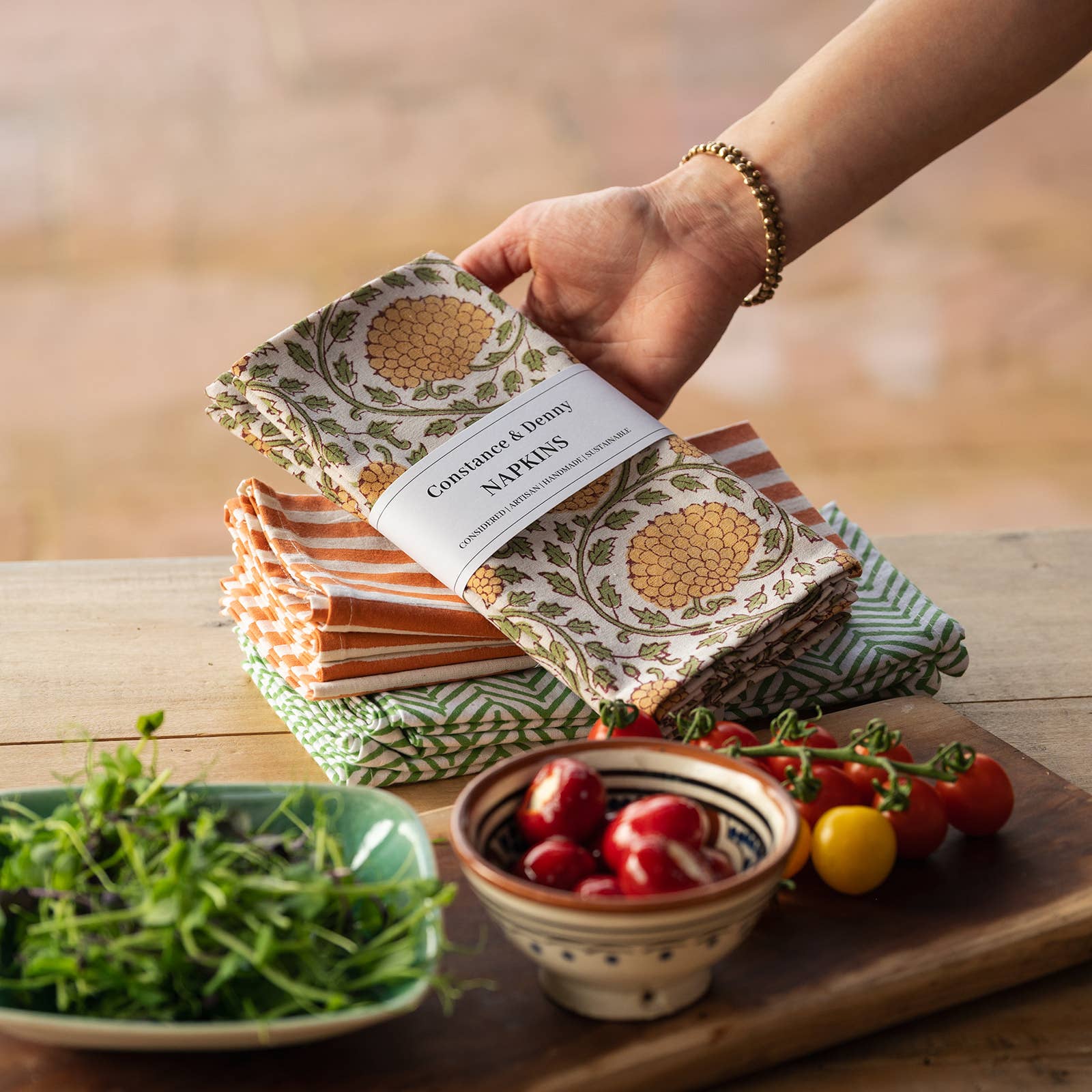 Sustainable Hand Printed Table Linens Marigold Design