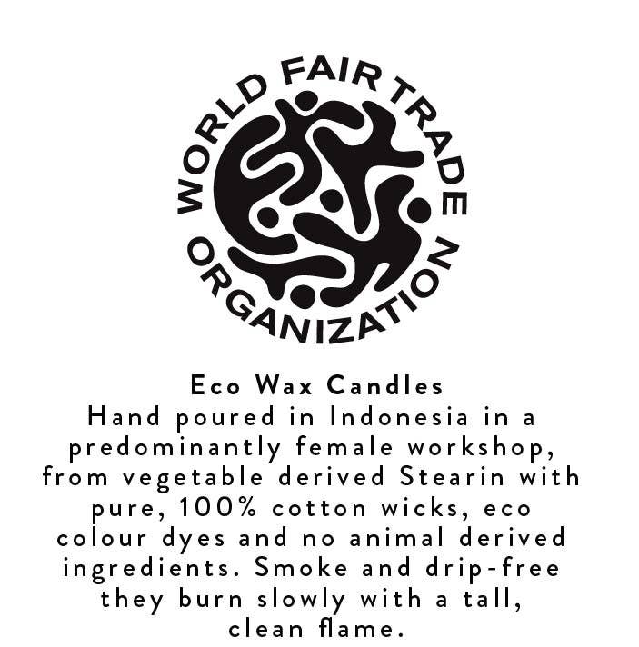 World Fair Trade Organization logo with text about eco wax candles made in Indonesia.